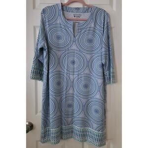 Coolibar Oceanside Tunic Dress Blue & White 3/4 Sleeve Size XL